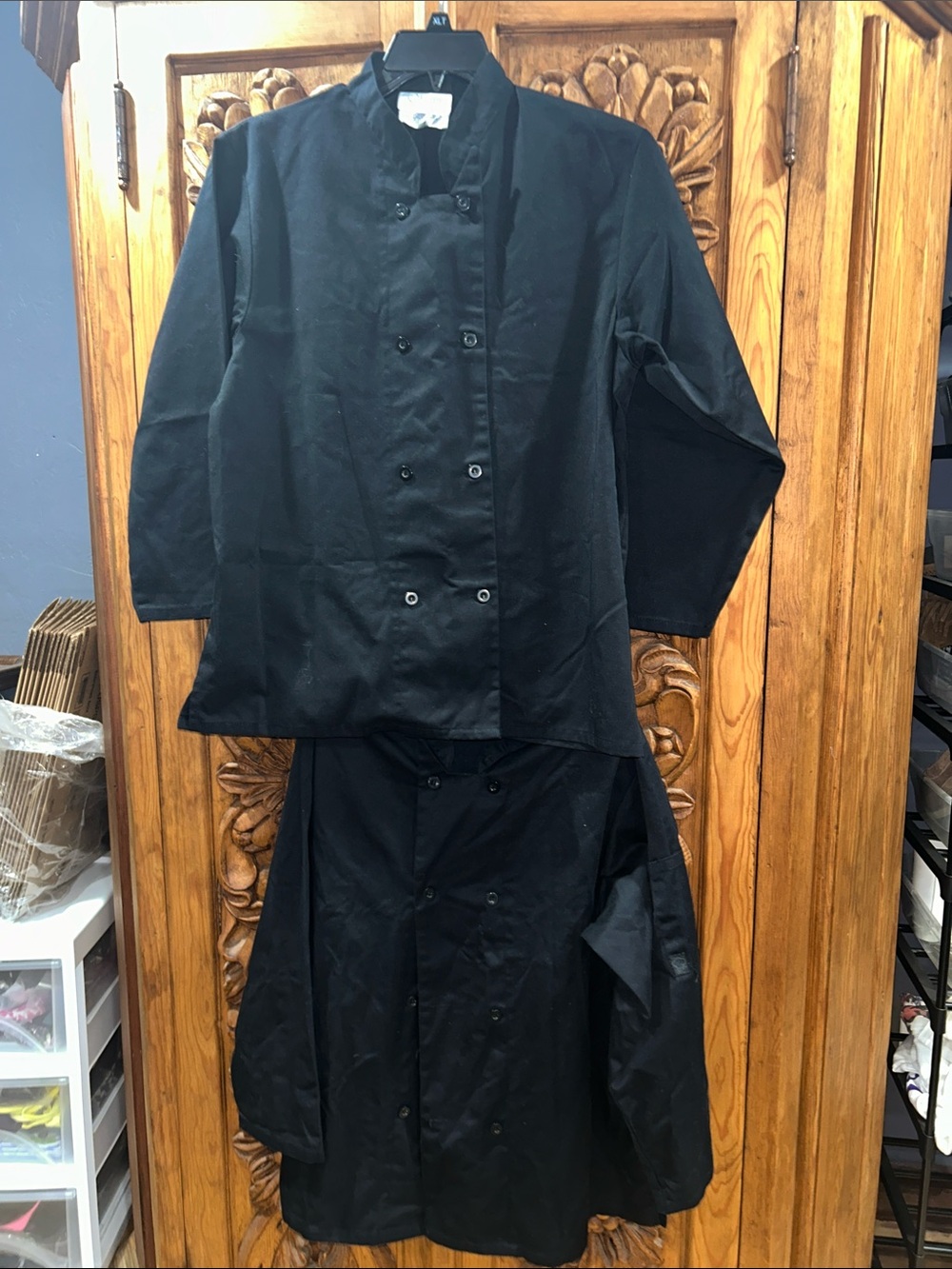 EUC Happy Chet set of 2 black  chef shirts/jackets. Ladies large